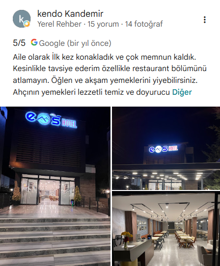 Kendo Kandemir'in EOS Otel Google yorumu ve paylaştığı fotoğraflar