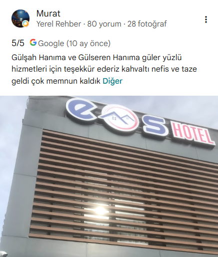 Murat'ın EOS Otel Google yorumu ve paylaştığı fotoğraf