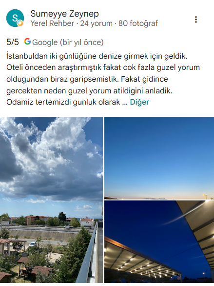 Sümeyye Zeynep'in EOS Otel Google yorumu ve paylaştığı fotoğraflar